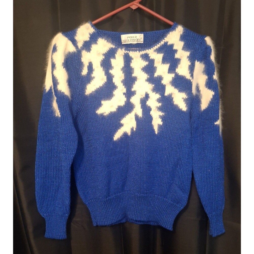 Vtg 80s Women's Blue Puff Sleeves white fuzzy details pearls round neck S/M